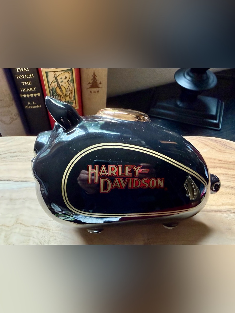 Harley Davidson Ceramic Piggy Bank Black Gold Motorcycle Decor